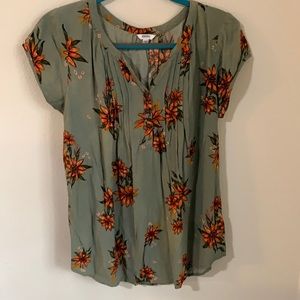 Olive Green Orange Floral Blouse